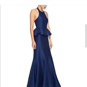 Halston Heritage Navy Halter Peplum Maxi Gown